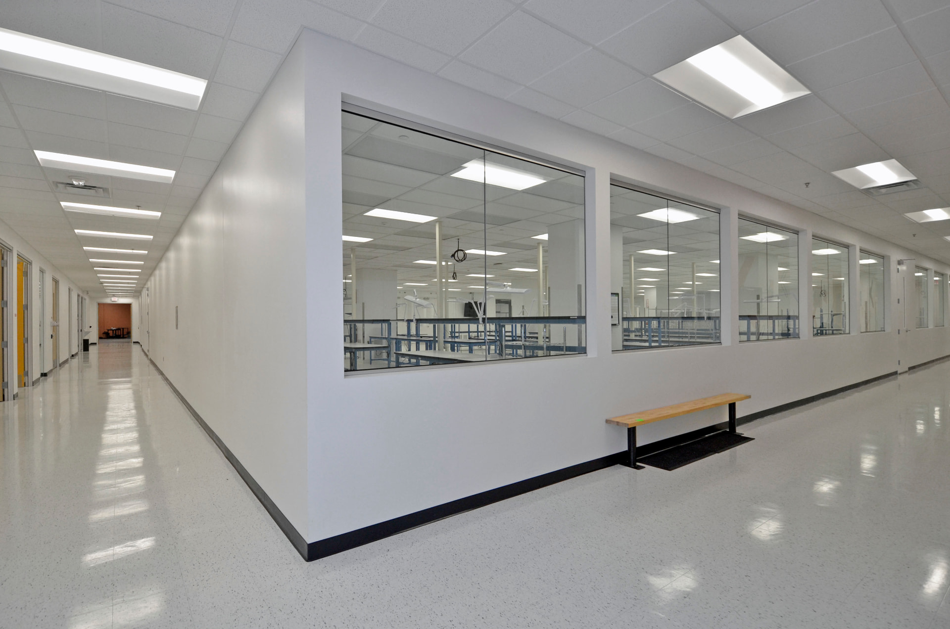 Corridor with glass viewing windows into the lab
